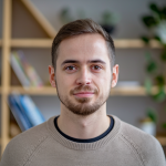 Portrait of a smiling man promoting wellness with mushroom supplements.