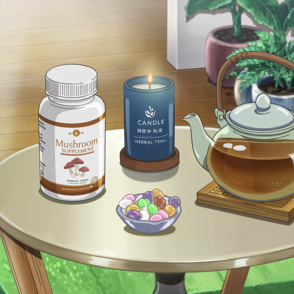 Mushroom supplements placed next to a relaxing candle and herbal tea.